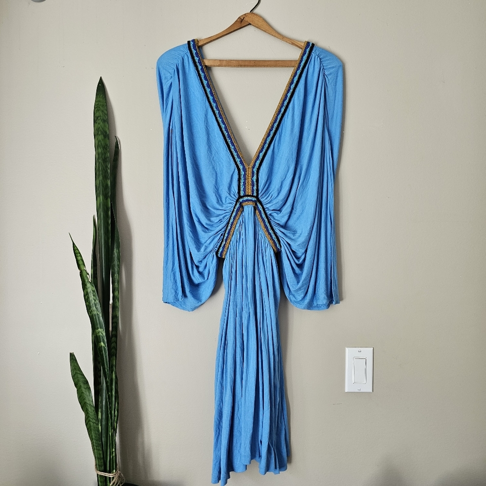 PIA PAURO | BNWT Turquoise Beaded Vee Neck Dress